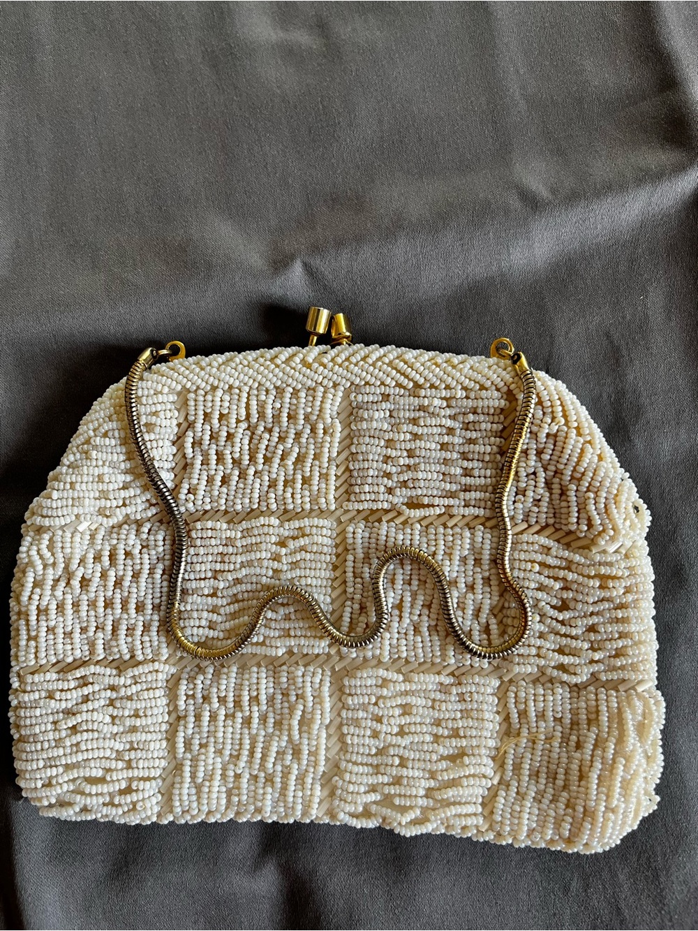 Beaded Ivory Evening Clutch with Gold Chain